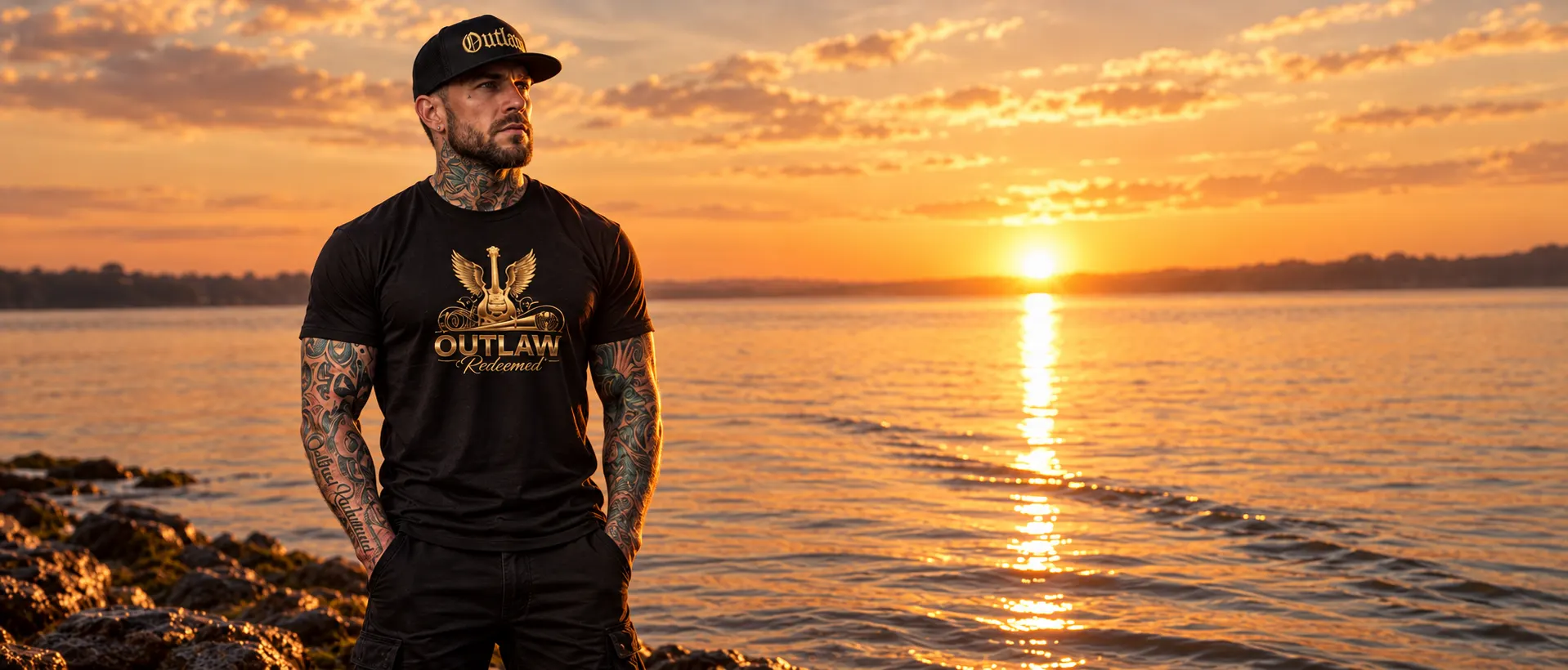 Winged Guitar & Mic hoodie design shown at golden hour on the shoreline