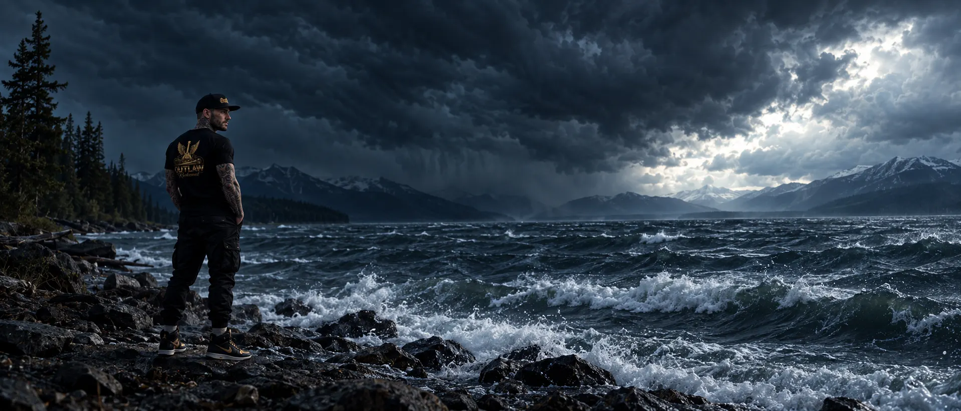 Storm Rider tee back print design at a stormy lakeshore